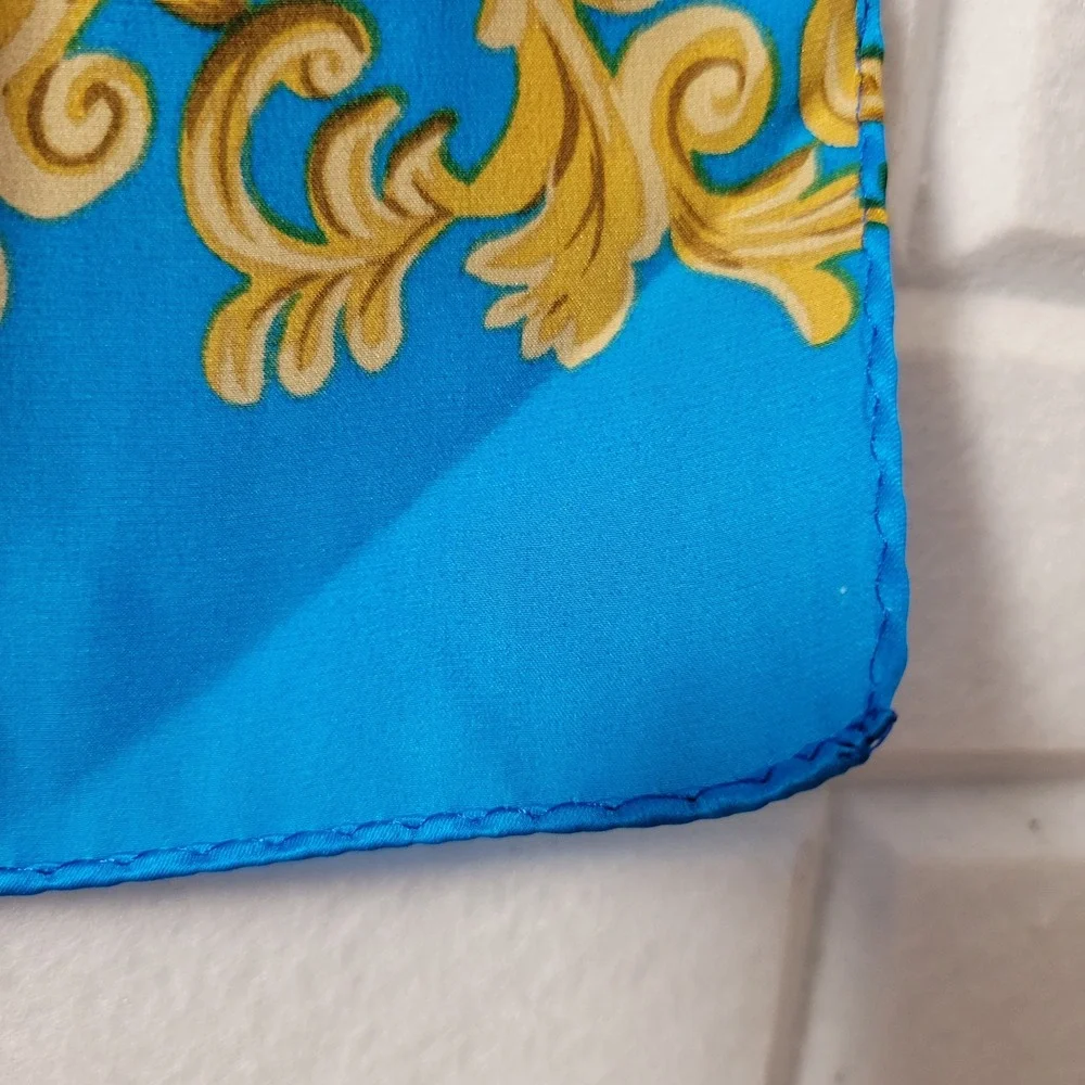 Vtg 90s Echo Silk Scarf Blue Gold Baroque Cherub Print Oblong 11X58 Maximalist